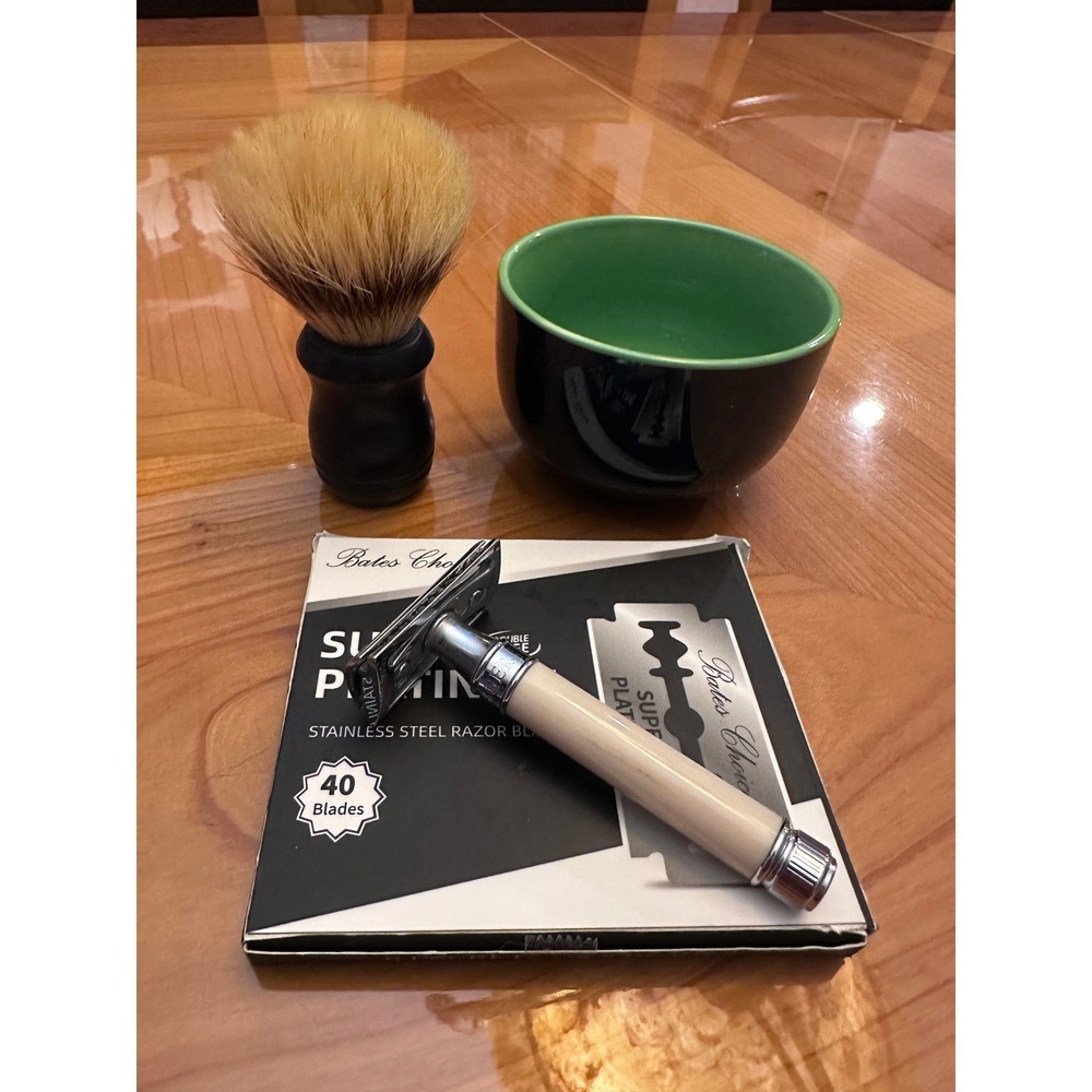 Edwin Jagger Wet Shaving Kit Safety Razor 40 Blades‎ Brush and Ceramic Bowl Set